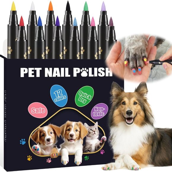 Dog Nail Polish Pens Quick Dry,12 Colors Pet Nail Polish Kit for Dogs,Cats or Bi - Picture 1 of 7